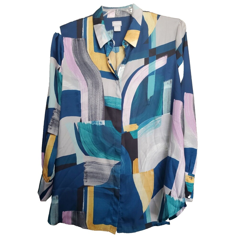 Chico's Abstract Retro Print Satin Long Sleeve Button-Up Tunic Size 3 (XL)